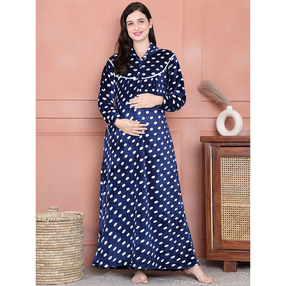 Buy Secret Wish Blue Polka Dot Woolen Winter Maternity Nighty Online