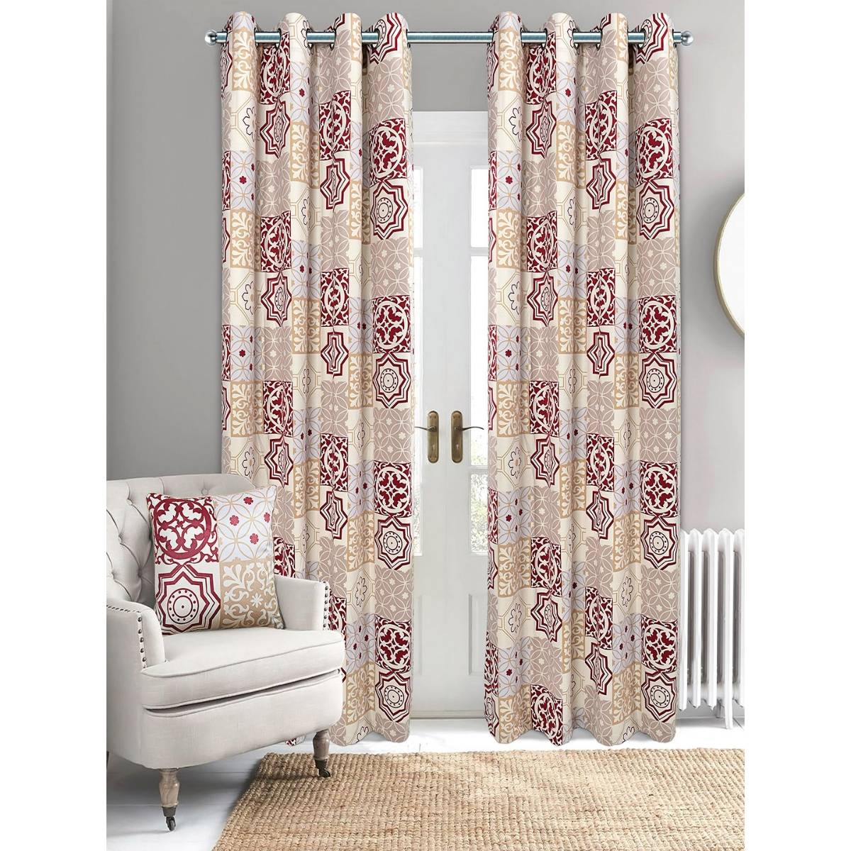 Saralhome Tile Velvet Digital Print Door Curtain 2pc Beige (4x7 Feet)