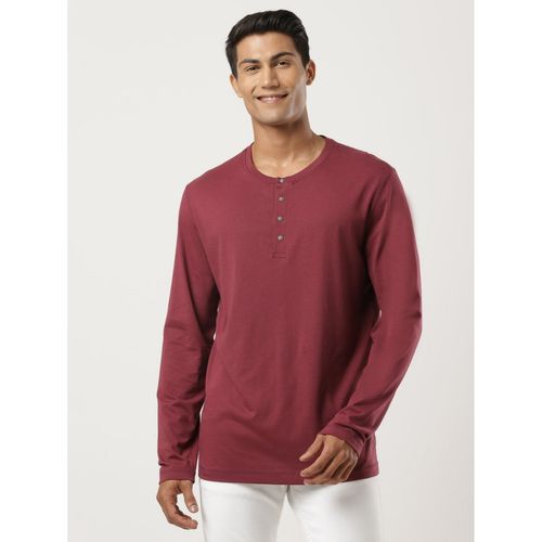 Buy Men's Super Combed Cotton Rich Solid Full Sleeve Henley T-Shirt -  Burgundy US87
