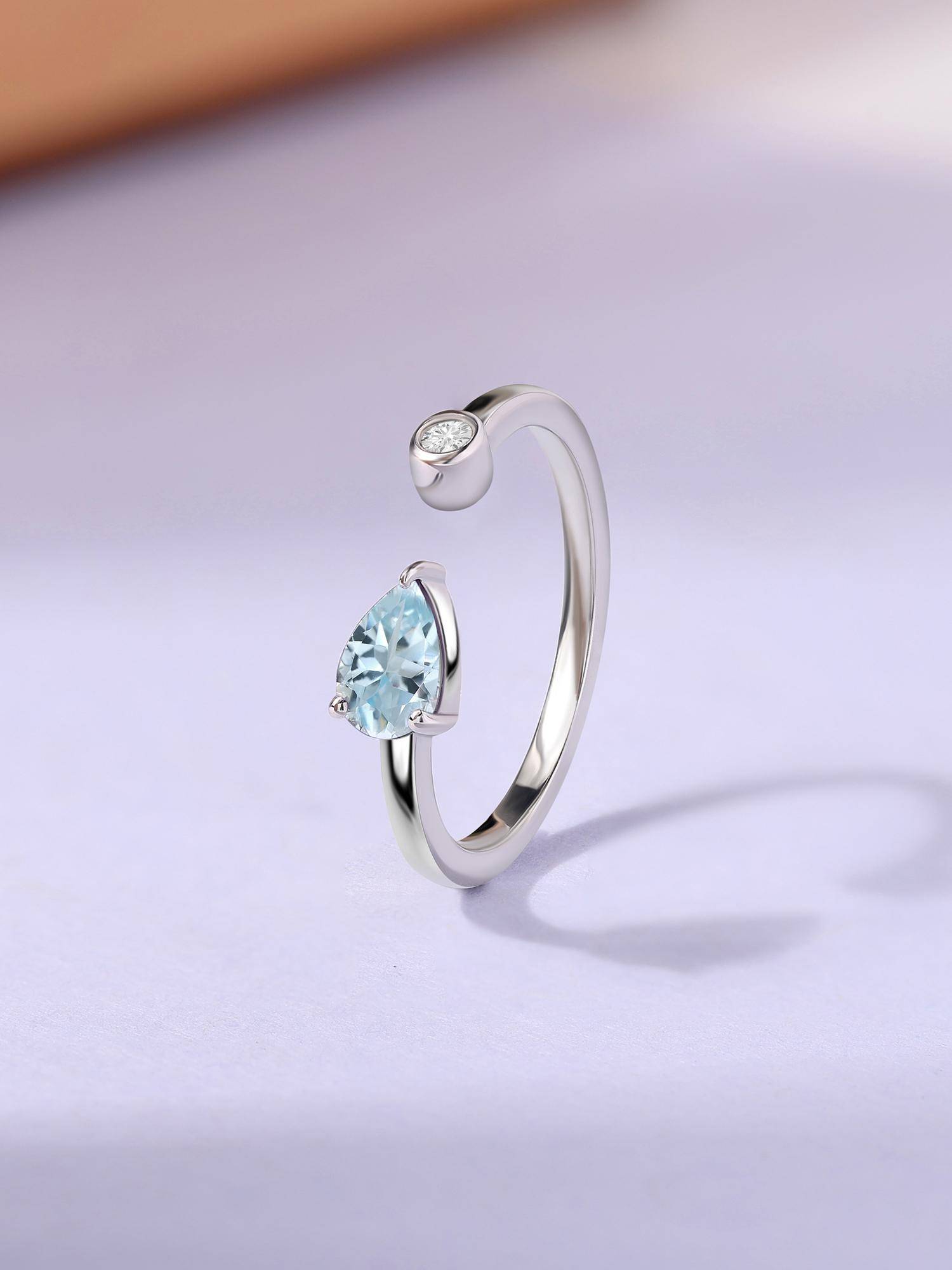 Ornate Jewels 925 Silver Rhodium Plated Pear Natural Aquamarine Adjustable Ring for Women & Girls