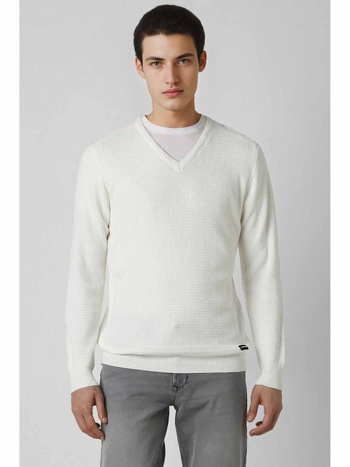Van Heusen Men White Self Design V-Neck Sweater