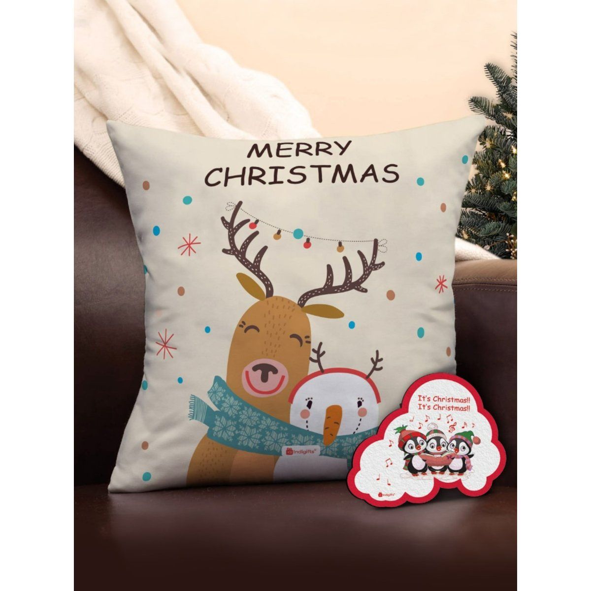 Indigifts Micro Satin Merry Christmas Printed White Cushion Cover ...