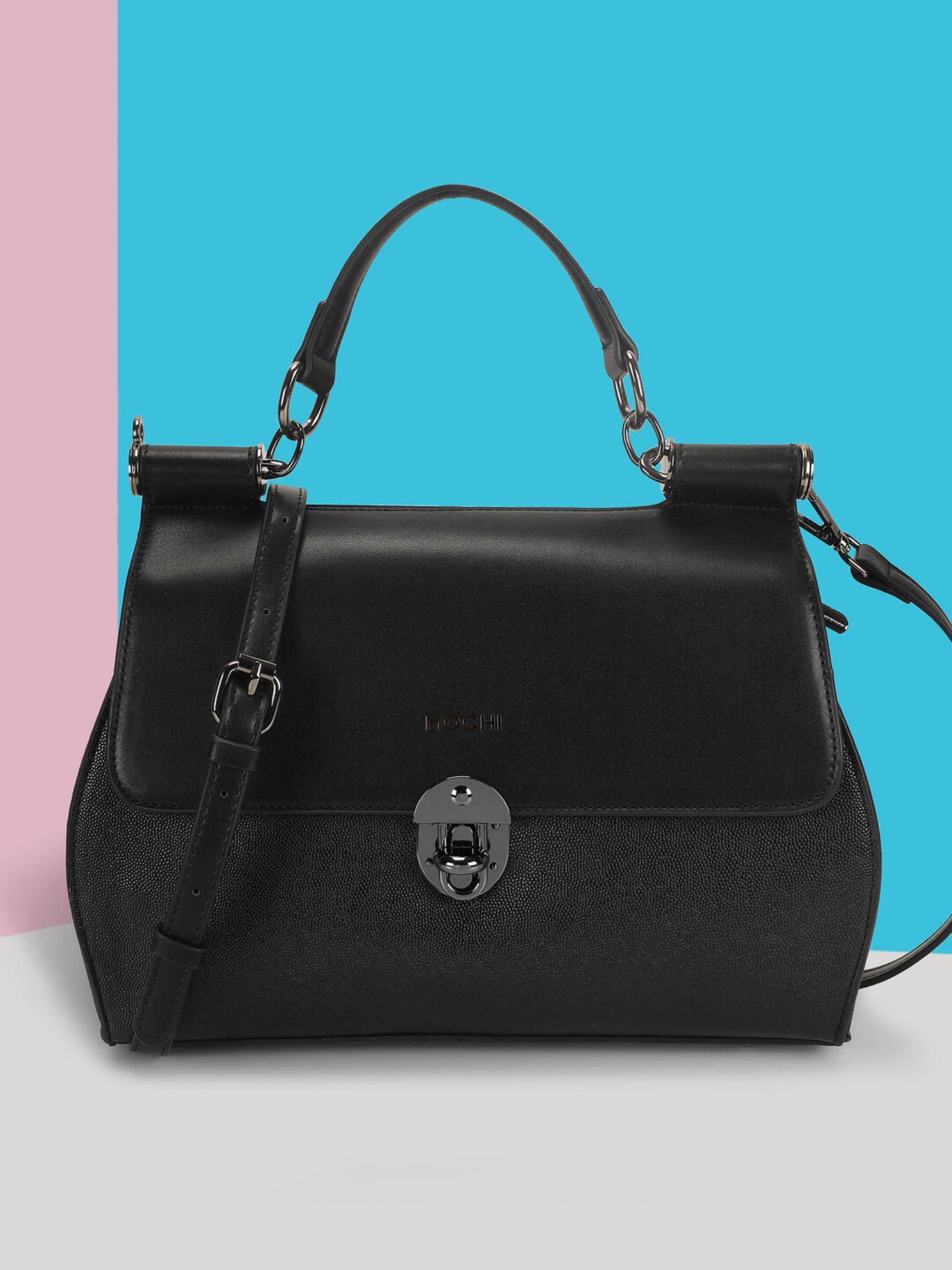 Mochi Women Black Satchel Bag with Detachable Strap
