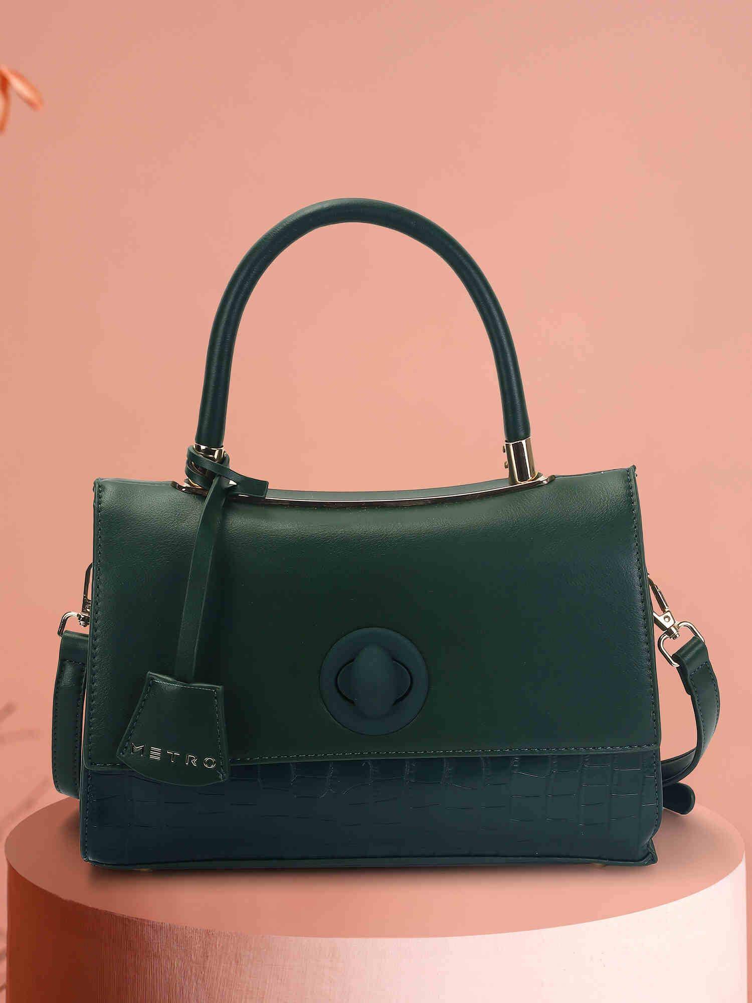 Metro Women Green Satchel Bag with Detachable Strap