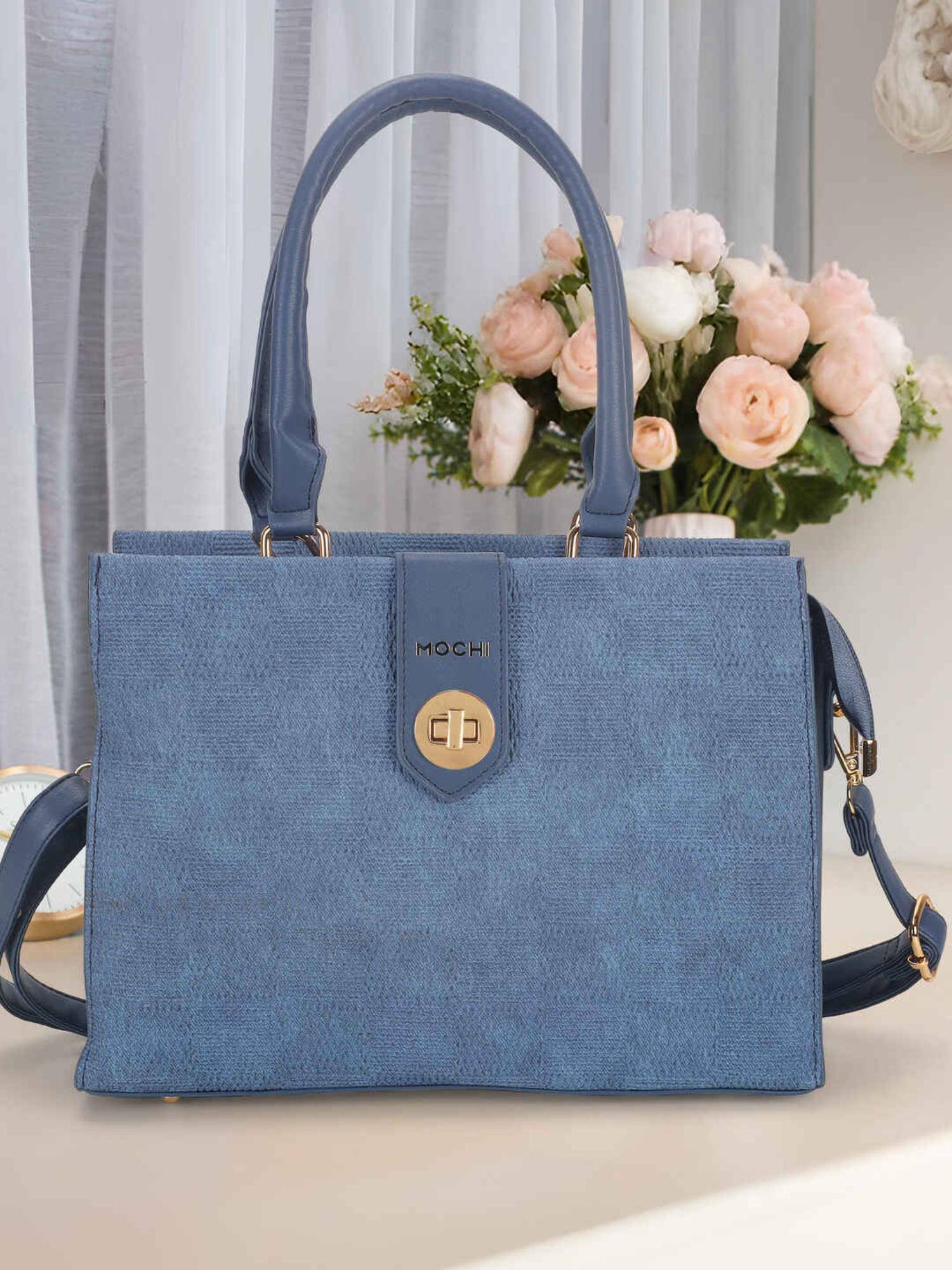 Mochi Women Blue Textured Handbag with Detachable Strap