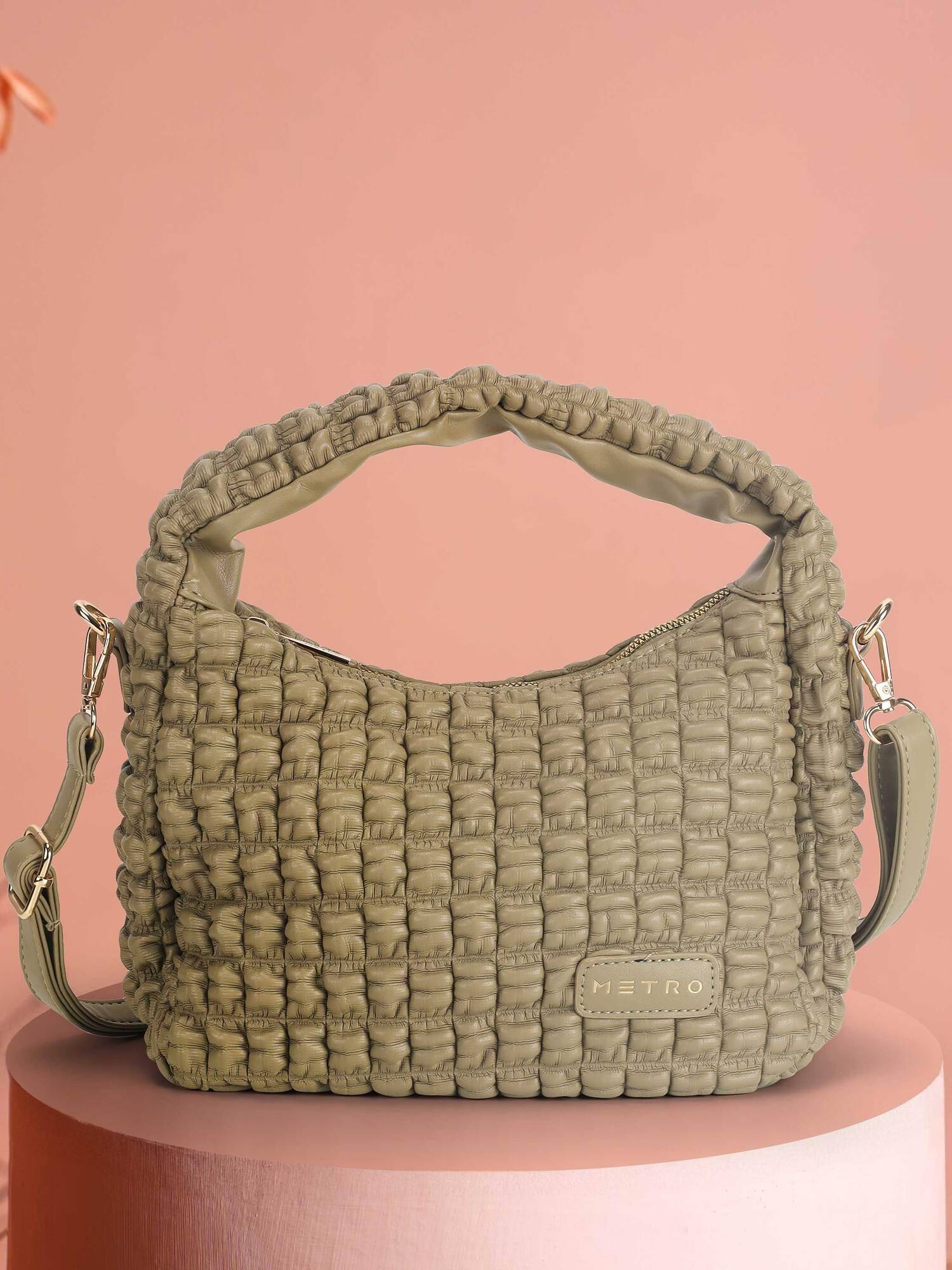 Metro Women Sage Green Textured Zipper Handbag with Detachable Strap