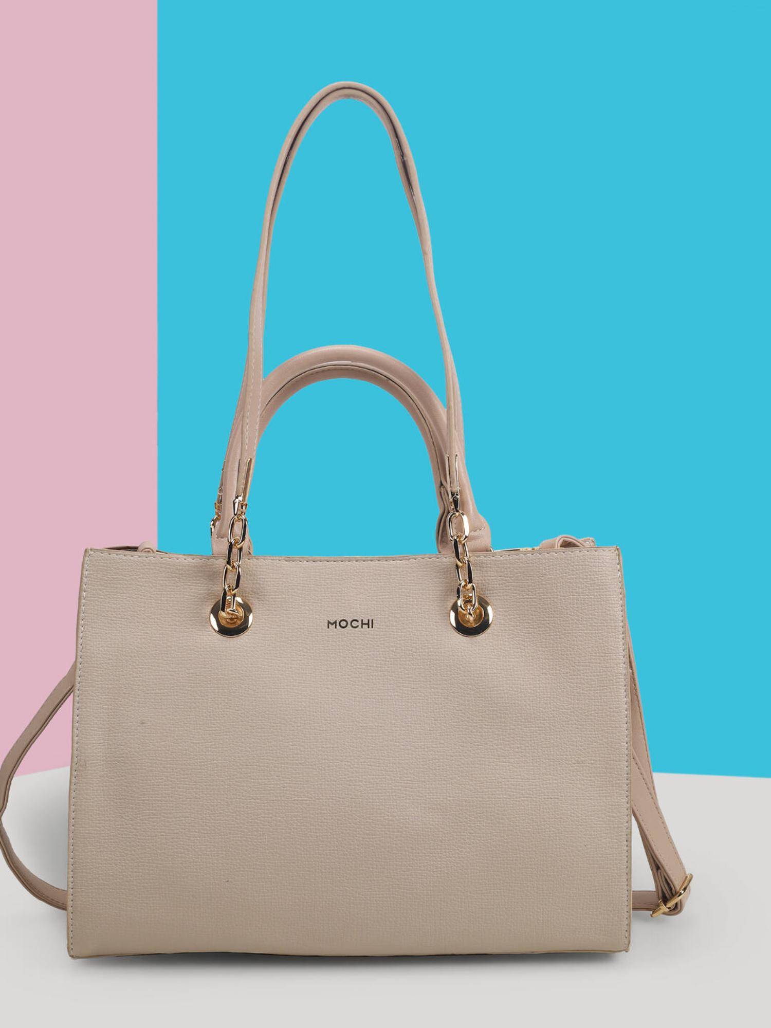Mochi Women Beige Solid Tote Bag with Detachable Strap