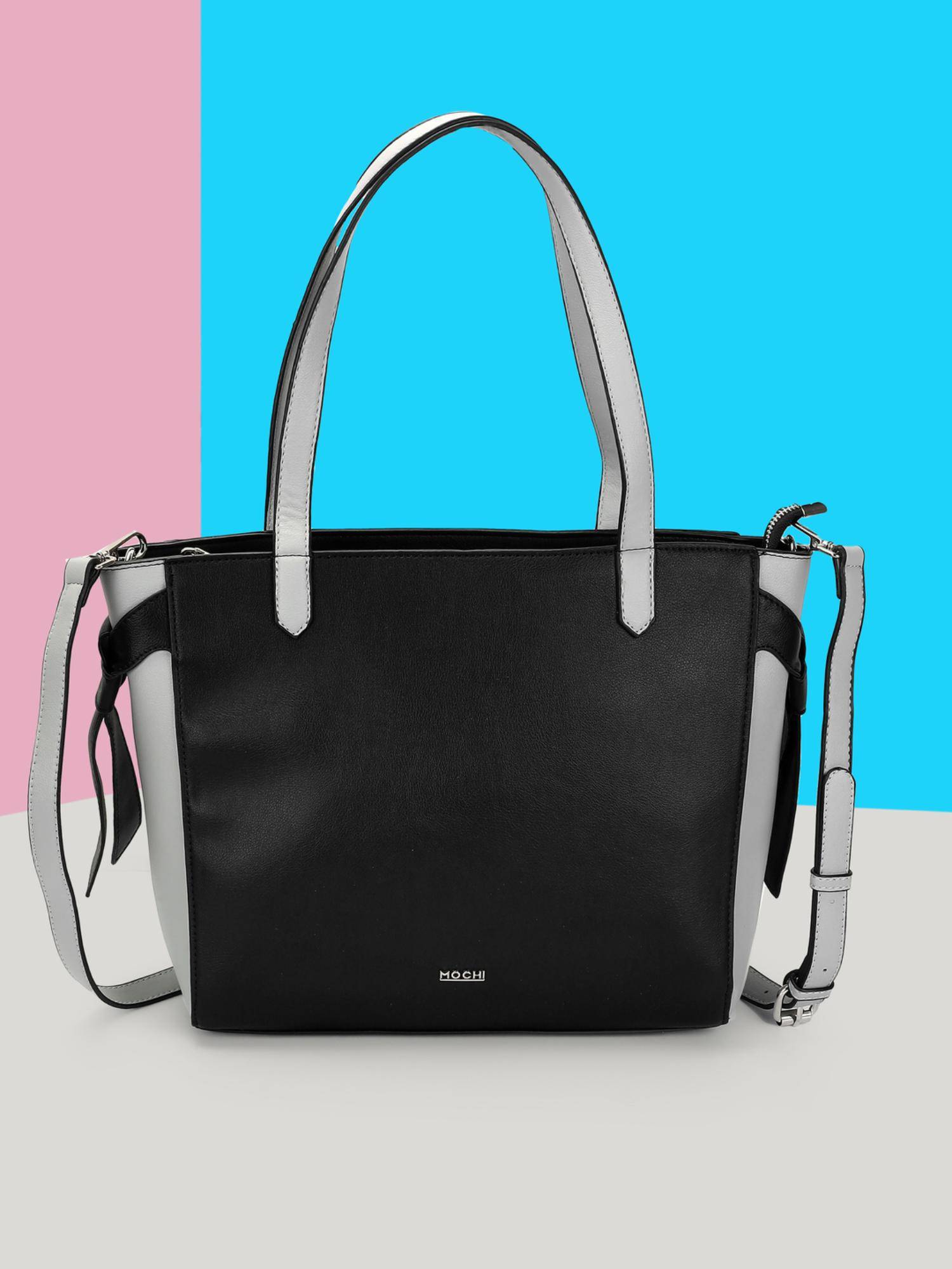 Mochi Women Black-Grey Colorblock Tote Bag