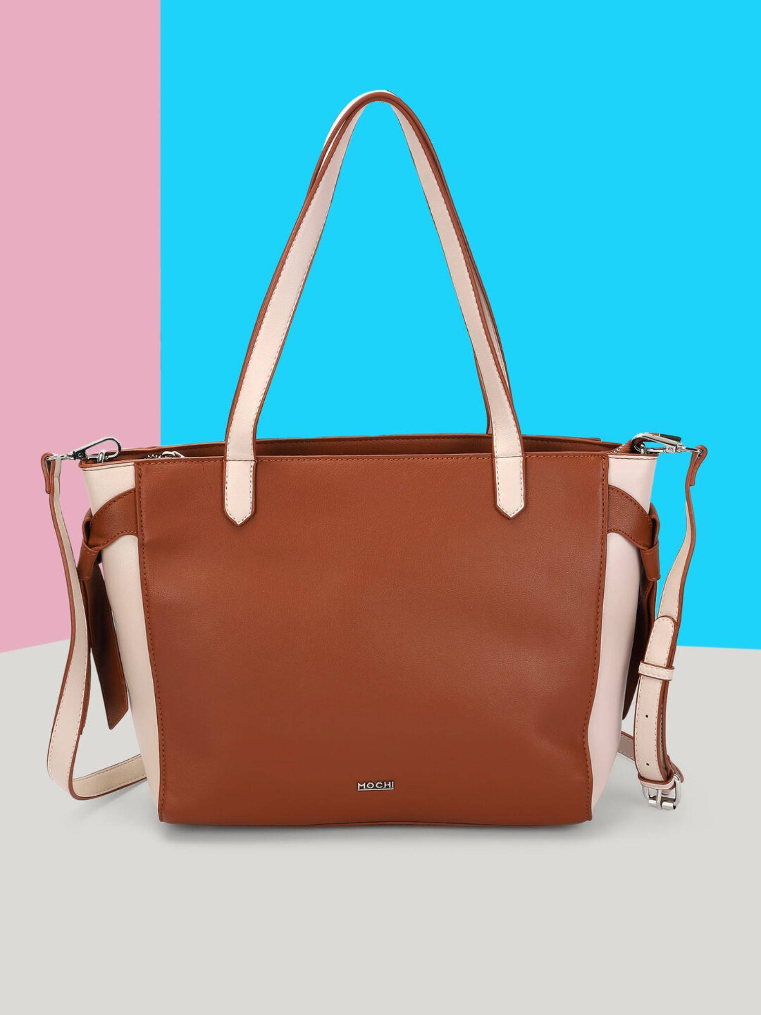 Mochi Women Tan-Cream Colorblock Tote Bag