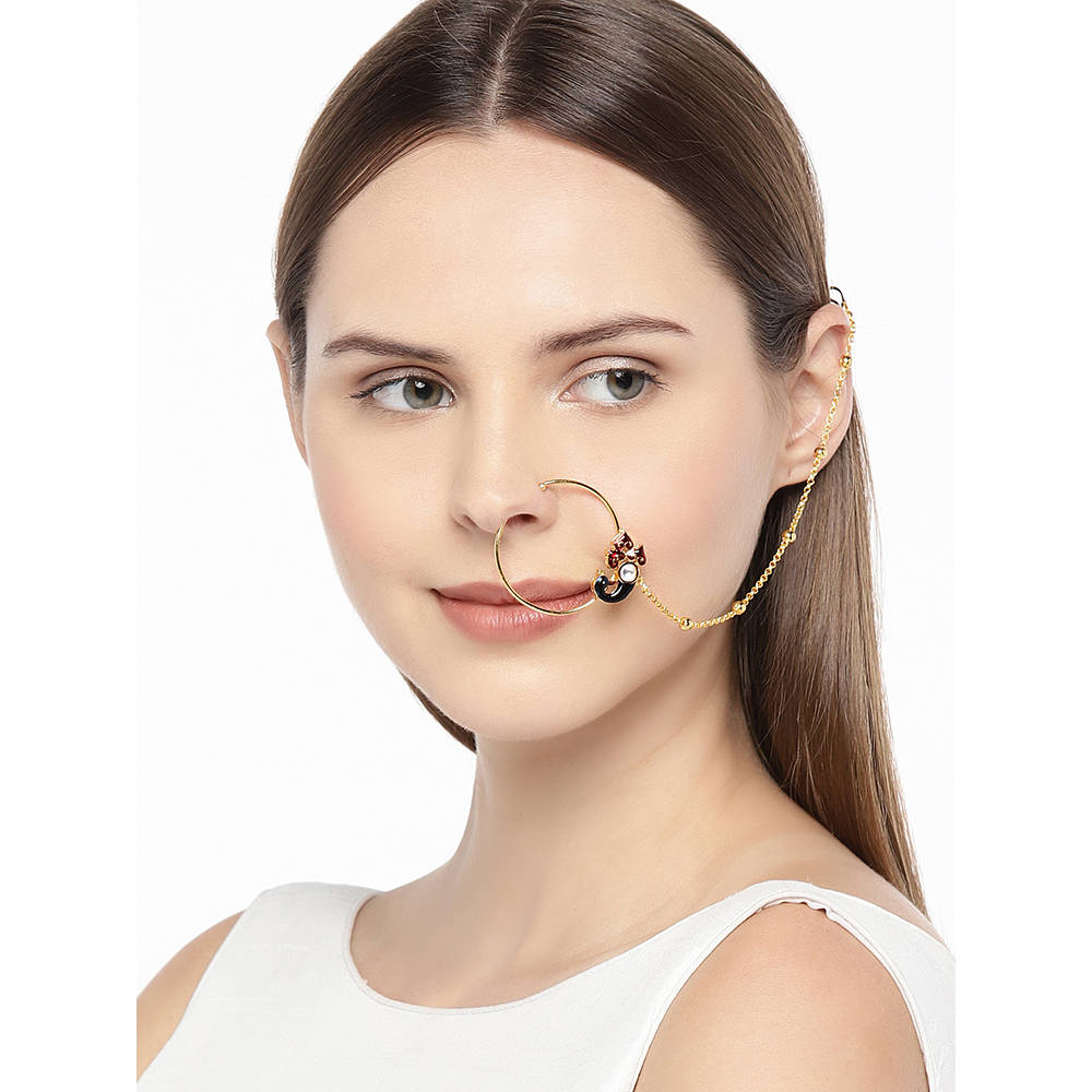 AccessHer Gold-Toned Handcrafted Vilandi Kundan And Faux Ruby Nose Ring