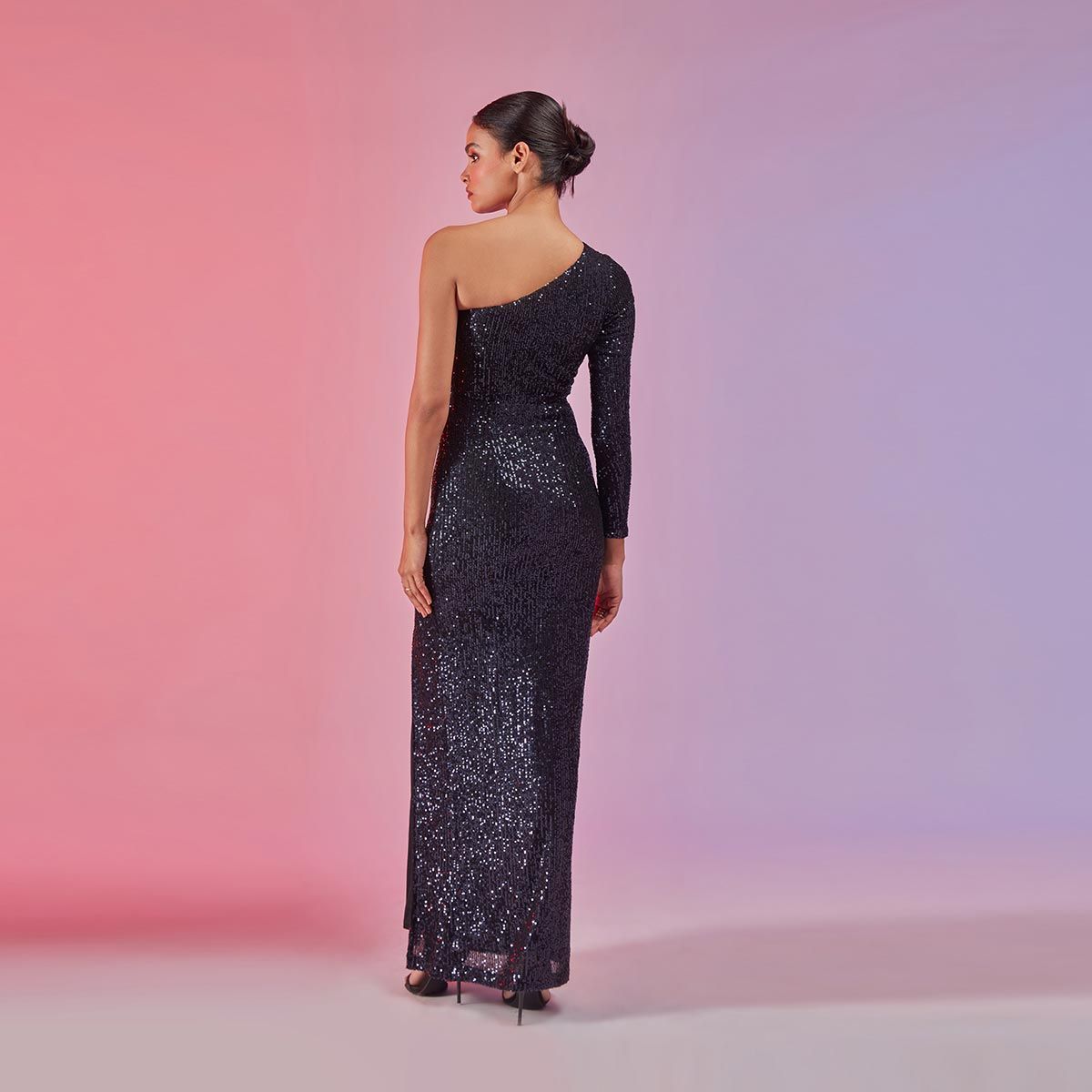 Buy Rsvp By Nykaa Fashion Navy Blue Sequin One Shoulder Slit Gown Online