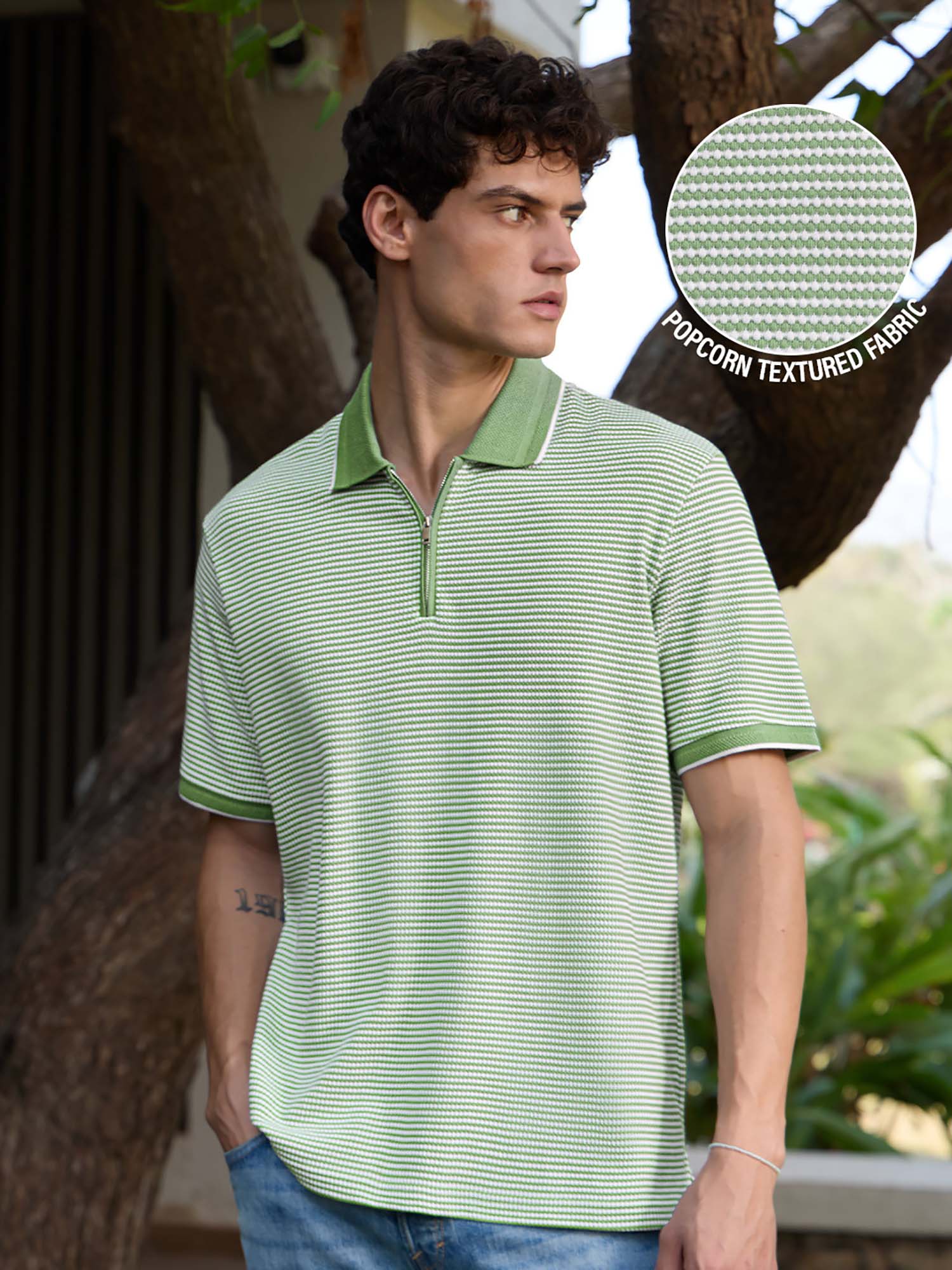Buy The Souled Store Men Soft Basil Green Textured Zipper Polo T
