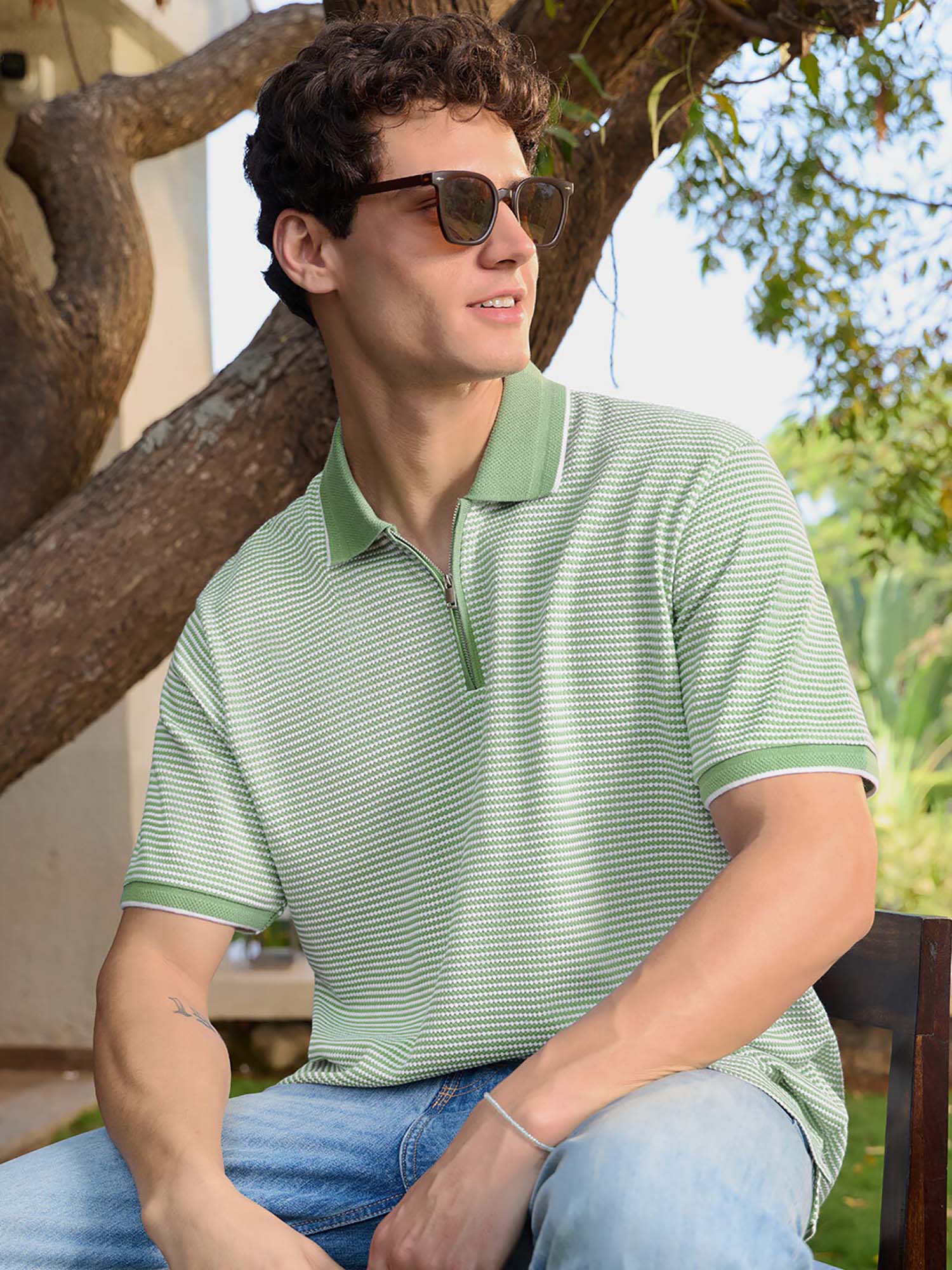 Buy The Souled Store Men Soft Basil Green Textured Zipper Polo T