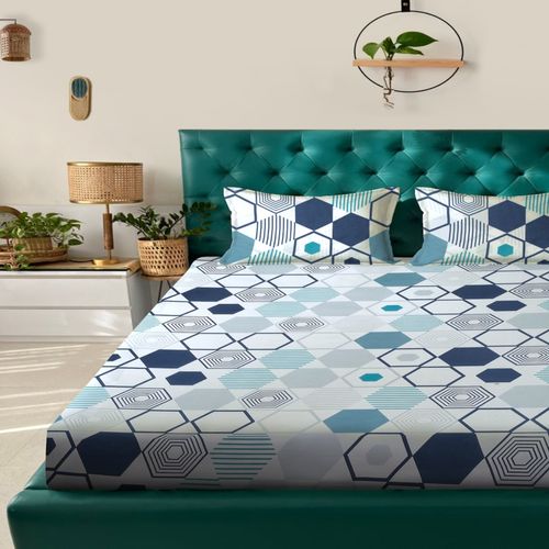 Multi Green Geometric Cotton Double Bed sheet Set and 2 Pillow Covers