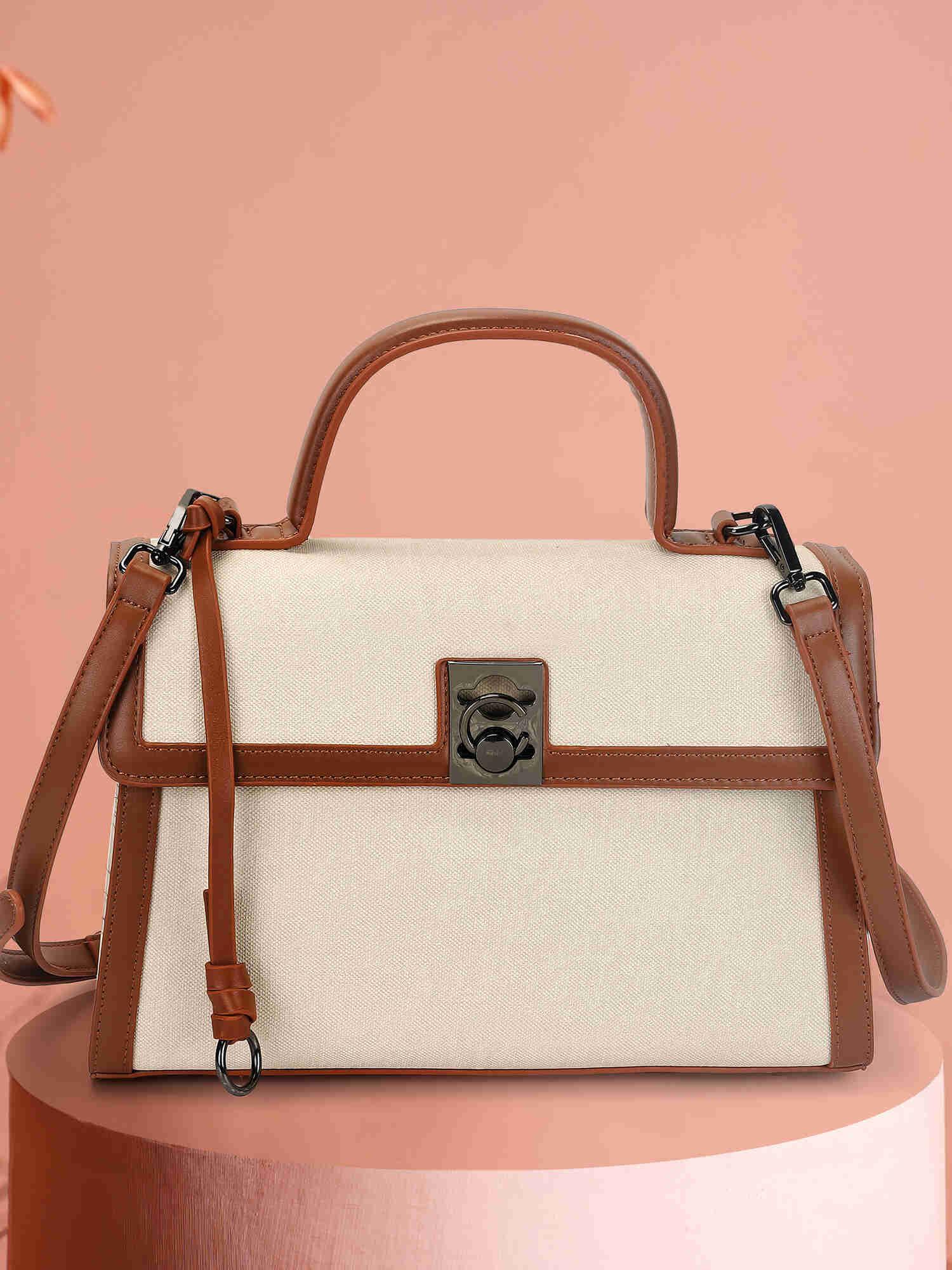 Metro Women Beige Casual Handbag with Detachable Strap