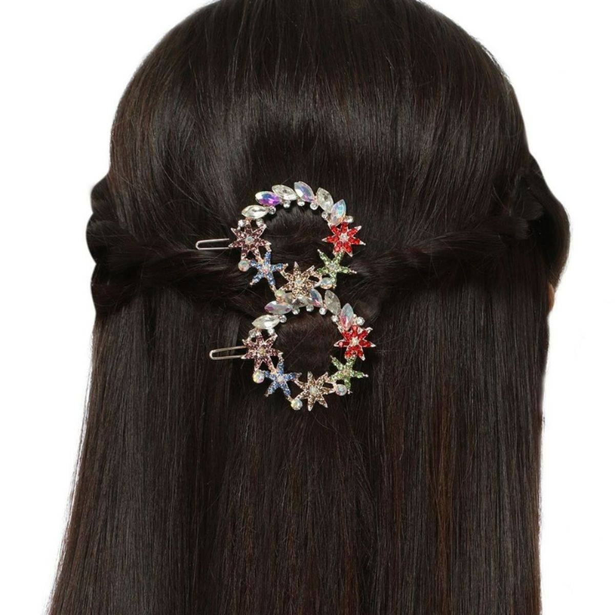 Accessher Set of 2 Rose Gold Toned Multicolour Rhinestones Studded Hair Pins