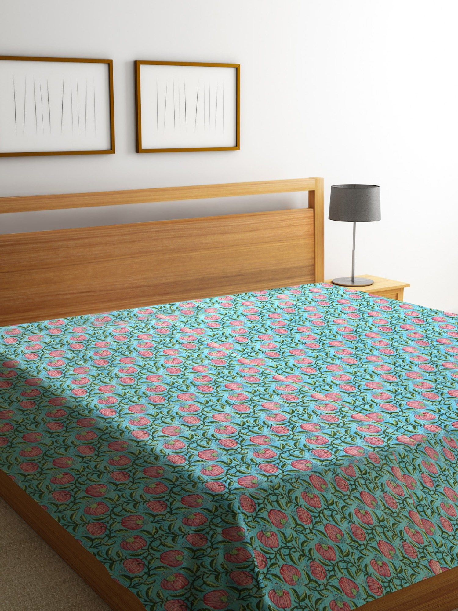 Blue - Tagai Work Jaipur Hand Block Printed Cotton Double Bed Cover (108 x 90 in)