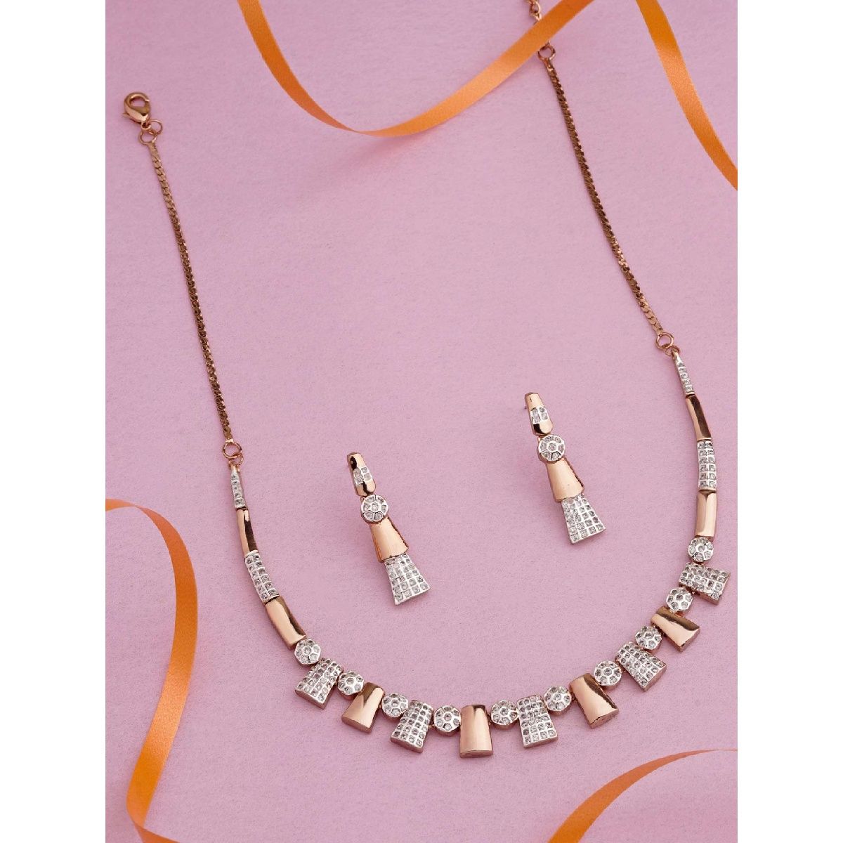 Estele Rose Gold Plated CZ Stunning Two Tone Necklace Set for Women