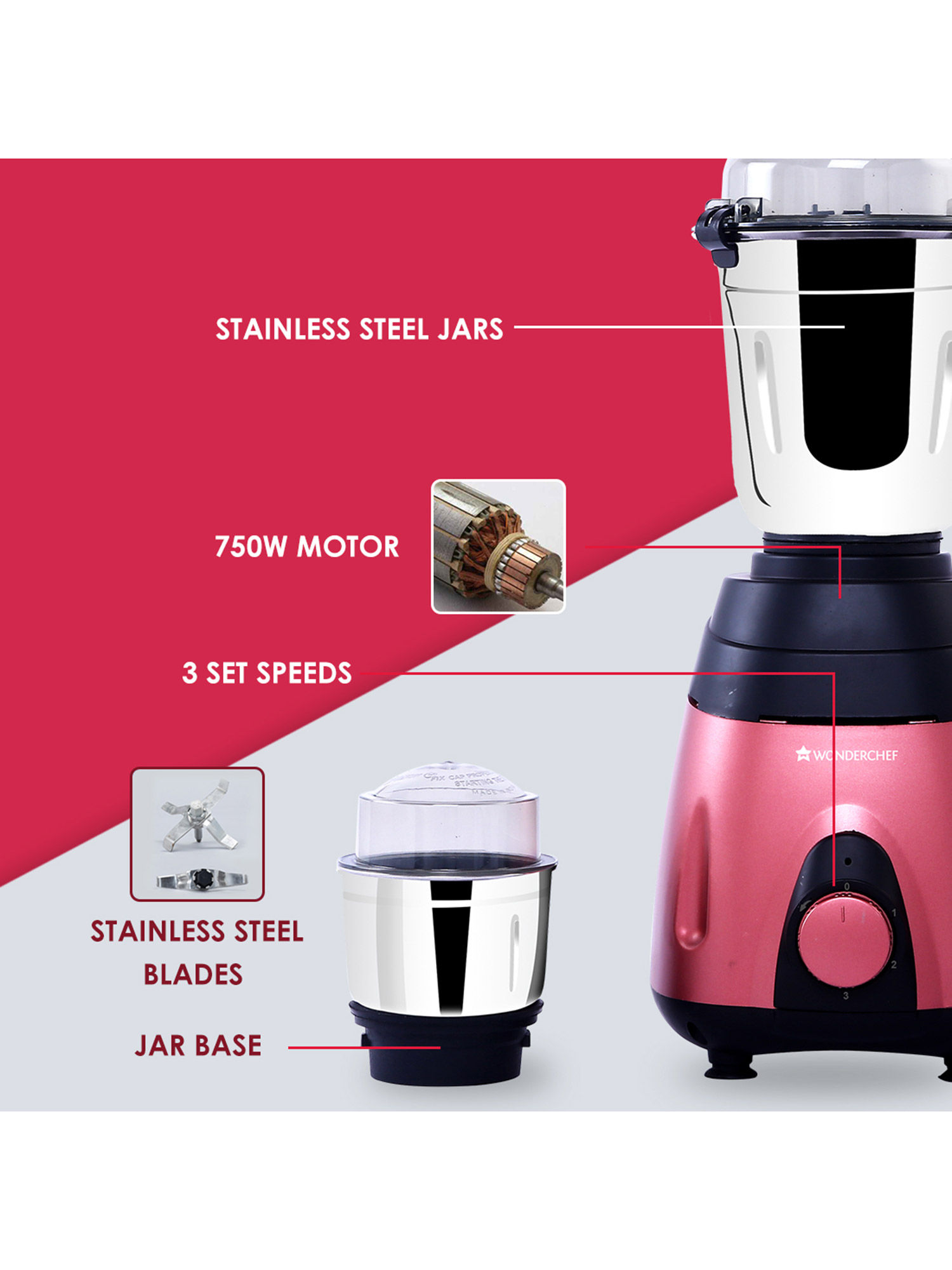 Wonderchef Vietri MixerGrinder With 3 Stainless Steel Jars Black