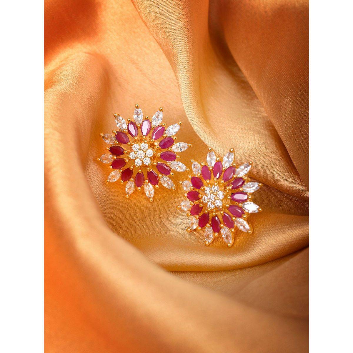 Saraf RS Jewellery Gold Plated Ornate Floral Studs Magenta & White Ad Encrusted Brass Earrings