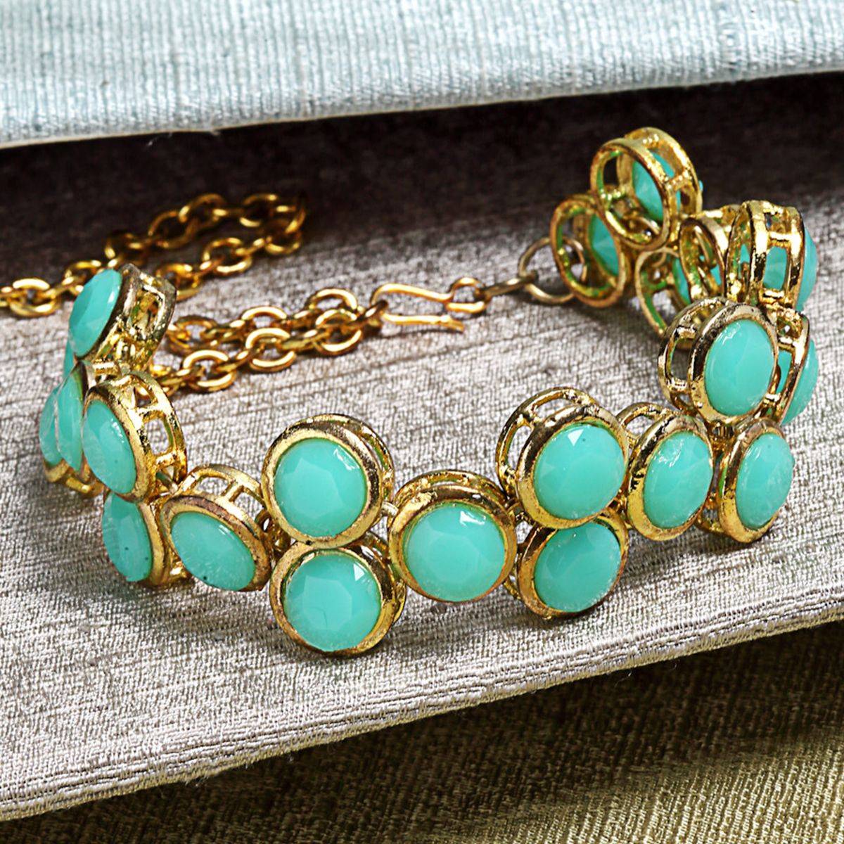 Karatcart Mint Blue Kundan Gold-Plated Embellished Wraparound Bracelet