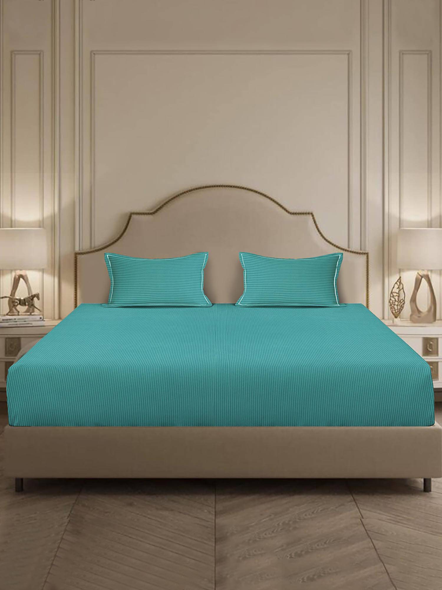 MULBERRY LIVING 300Tc Linear Luxe Stripes King Size Bedsheet with 2 Pillow Covers Blue