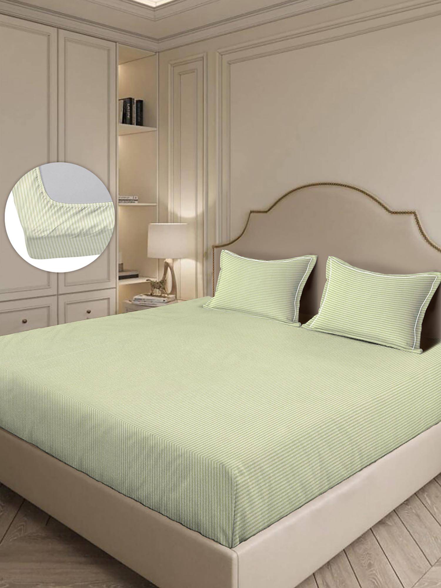 MULBERRY LIVING 300Tc Linear Luxe Stripes King Fitted Bedsheet with 2 Pillow Covers Green