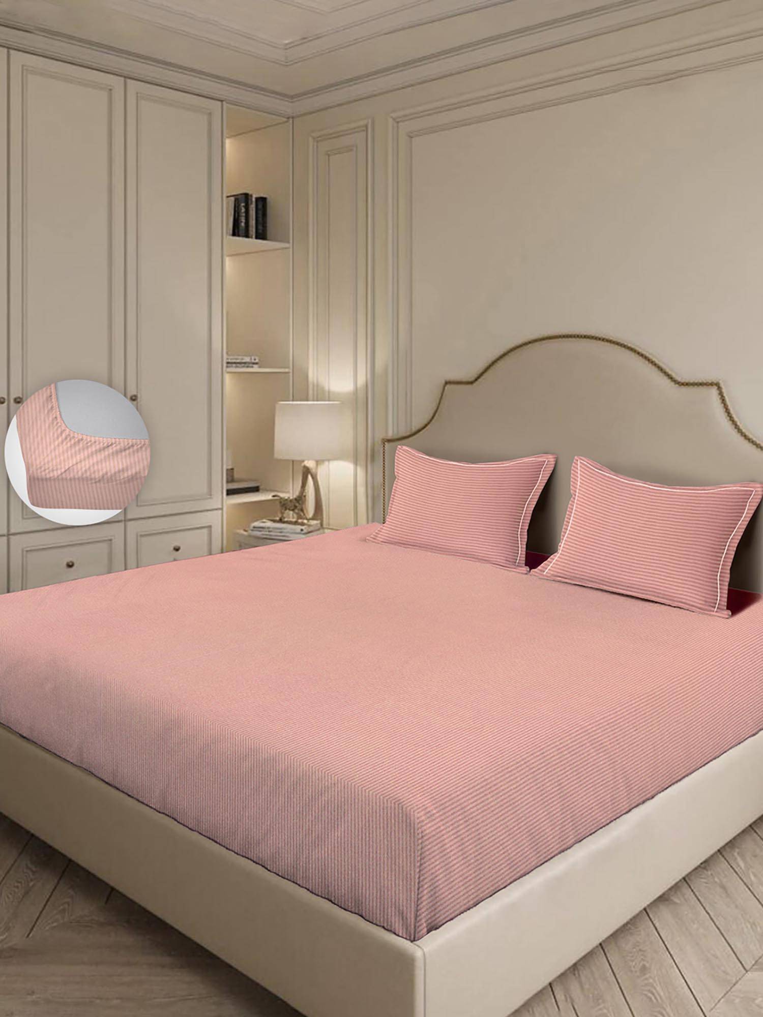 MULBERRY LIVING 300Tc Linear Luxe Stripes King Fitted Bedsheet with 2 Pillow Covers Peach
