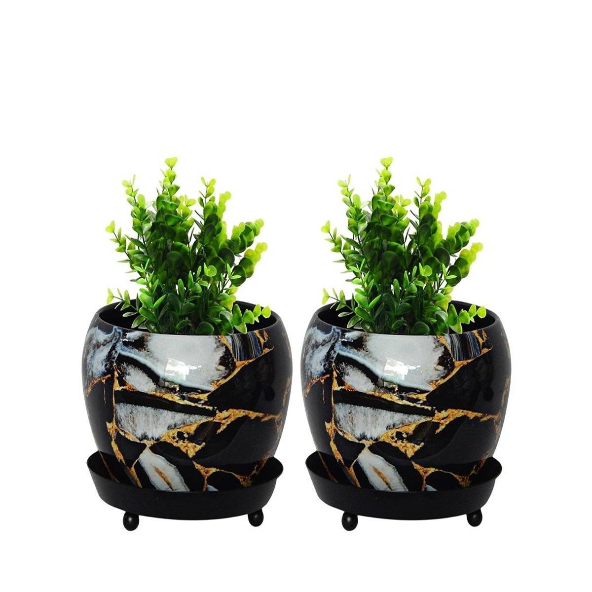 Ecofynd Lily Black Metal Pot With Saucer Plate (Set Of 2)
