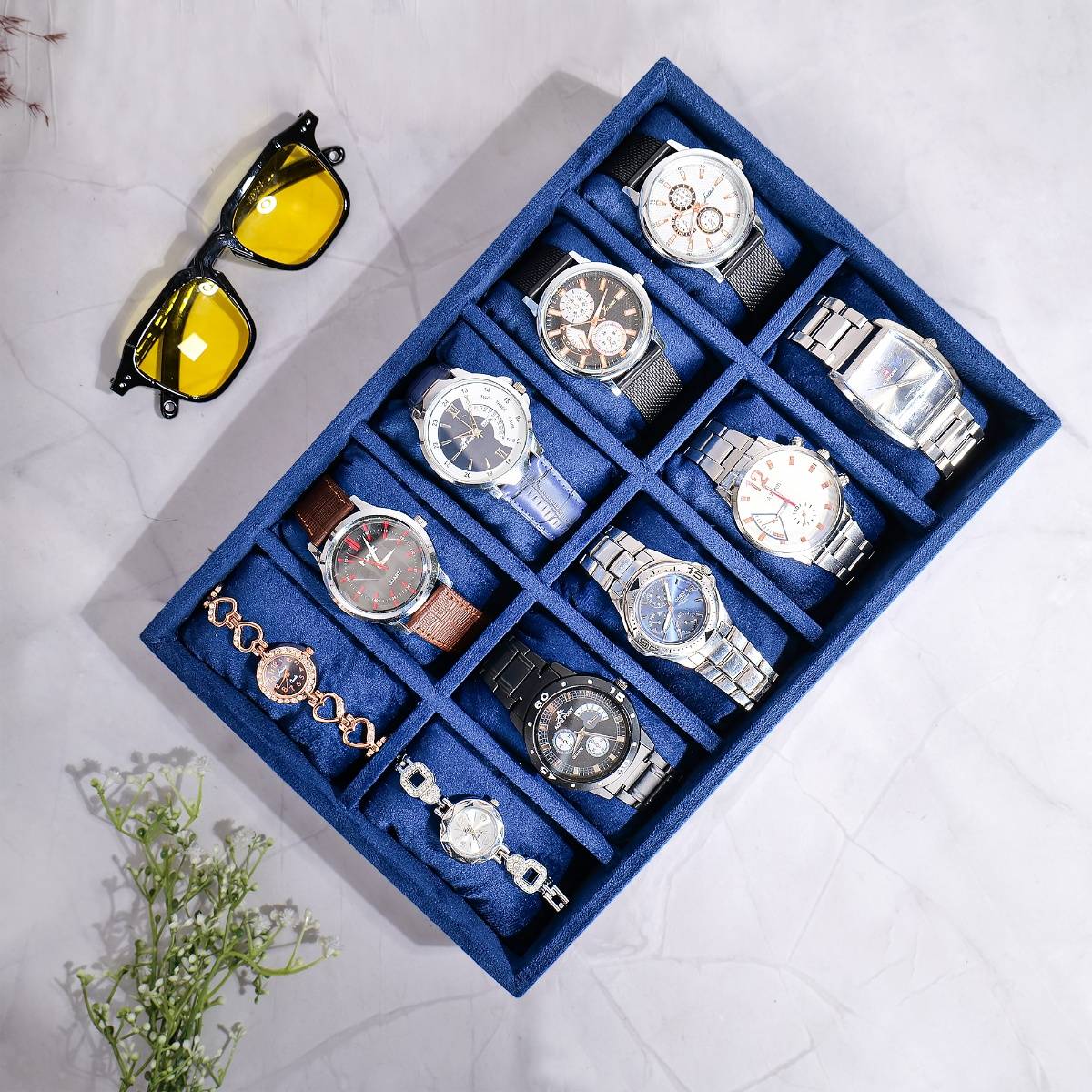 La Trove Blue Velvet 10-Slot Watch Storage Organizer Tray For Men's & Women's