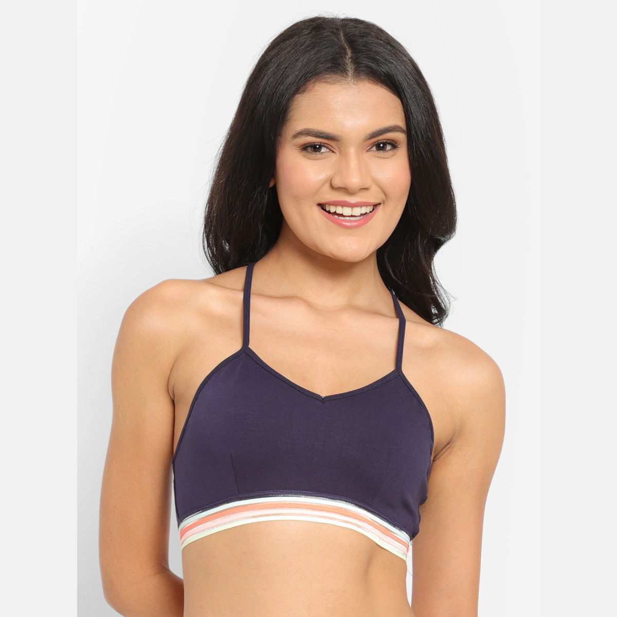 Buy N-Gal Women's Cotton Spandex Multi Stripe Edge T Back Crop Top Bralette  Slip On Bra - Navy Blue Online