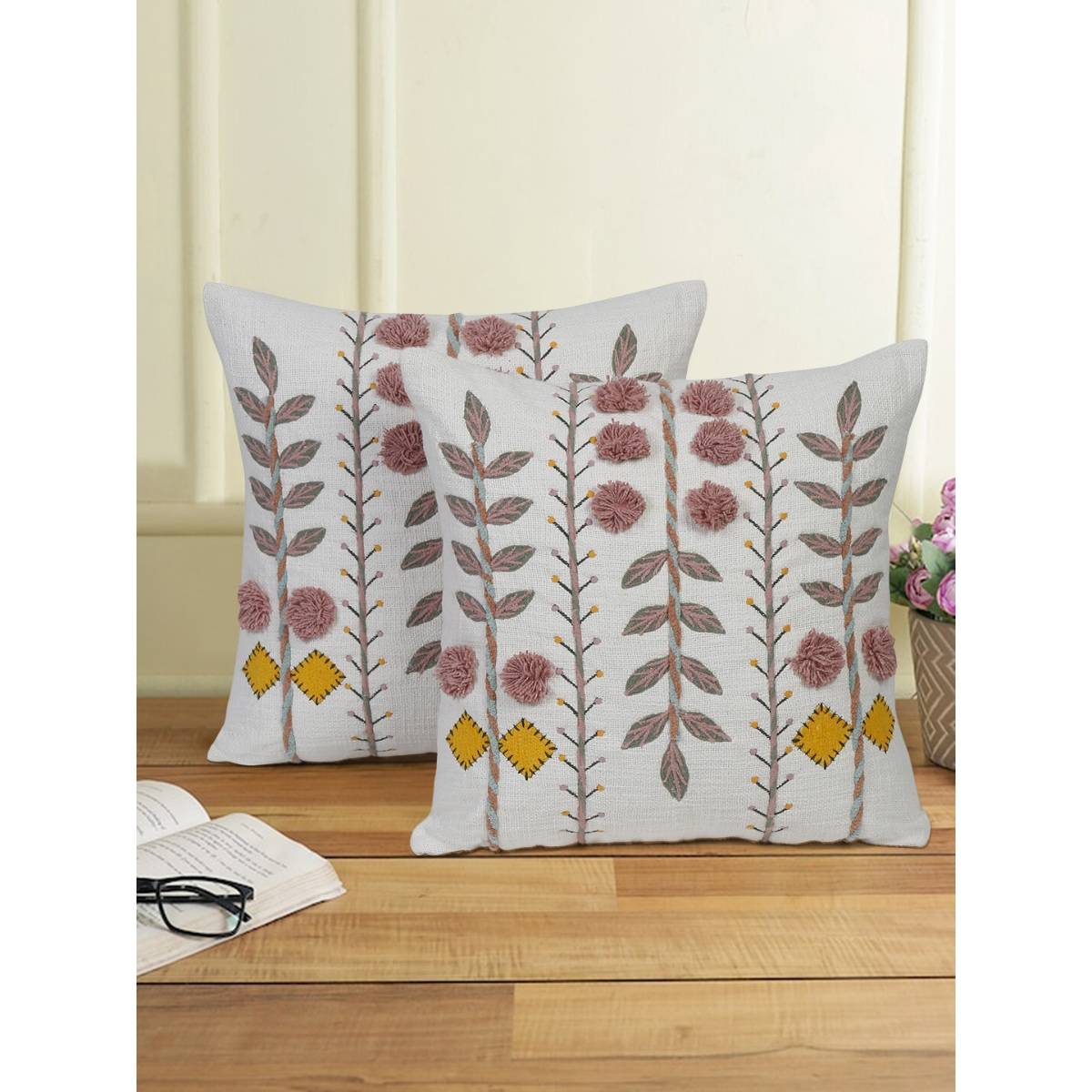 Eyda Pink Color Embroidered Cotton Cushion Covers Set of 2-18x18 inch