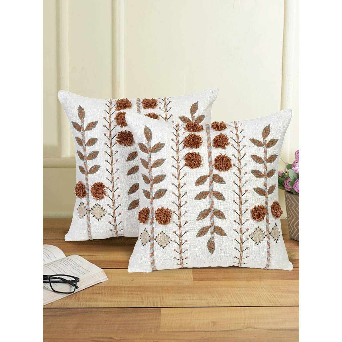 Eyda Brown Color Embroidered Cotton Cushion Covers Set of 2-18x18 inch