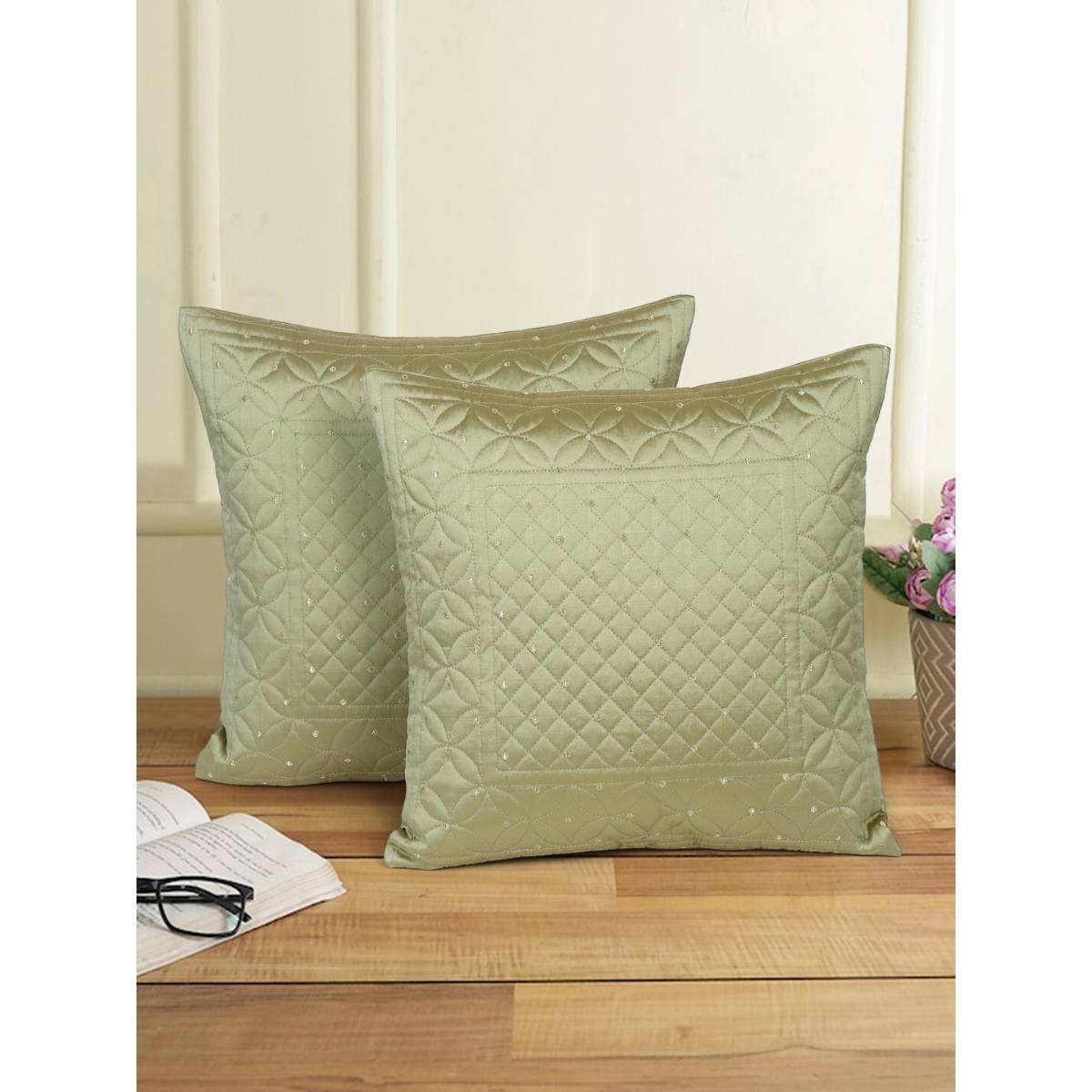 Eyda Green Color Quilted Cushion Covers Set of 2 - 16x16 inch