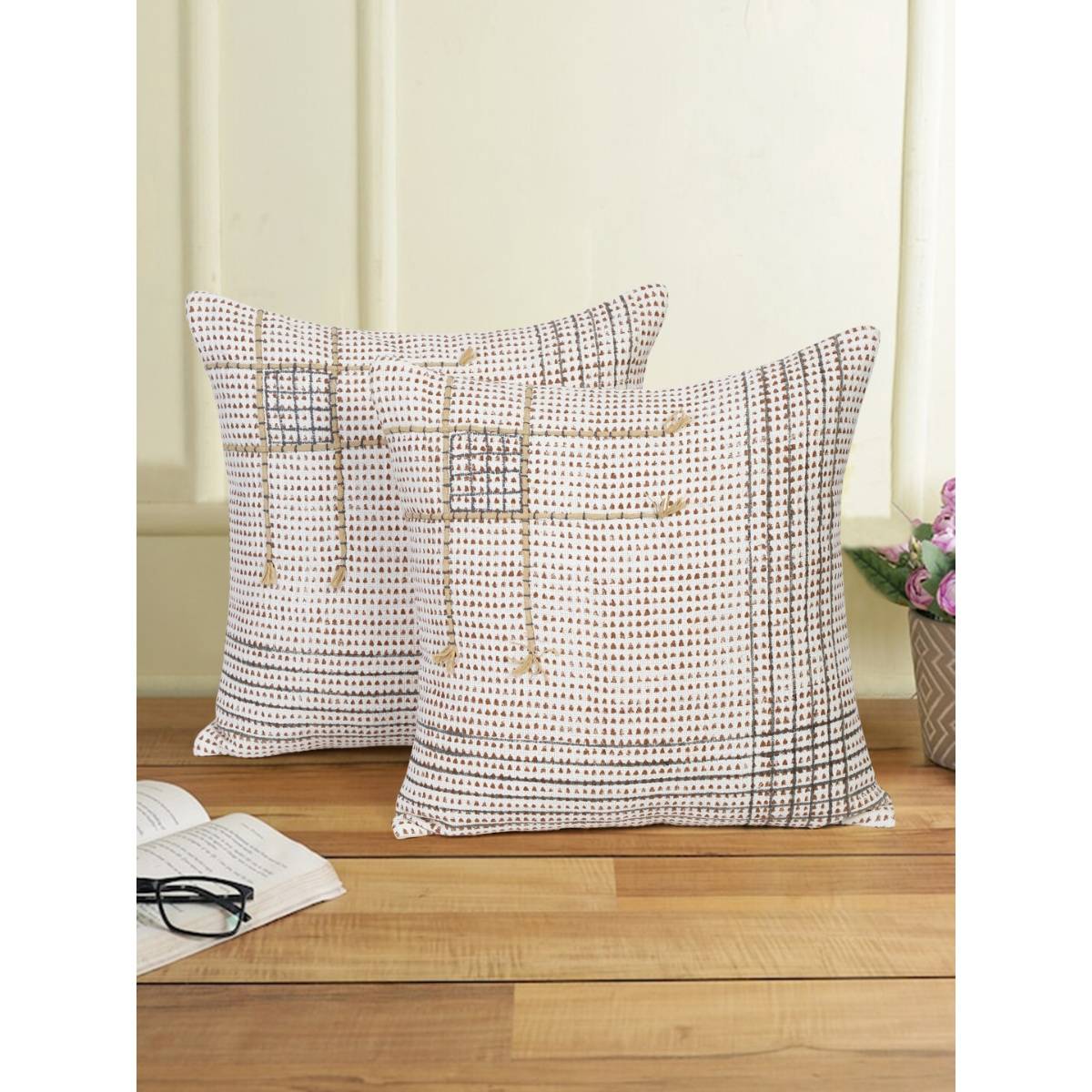 Eyda Hand Block Printed Cotton Sofa Cushion Covers Set of 2 18x18 inch
