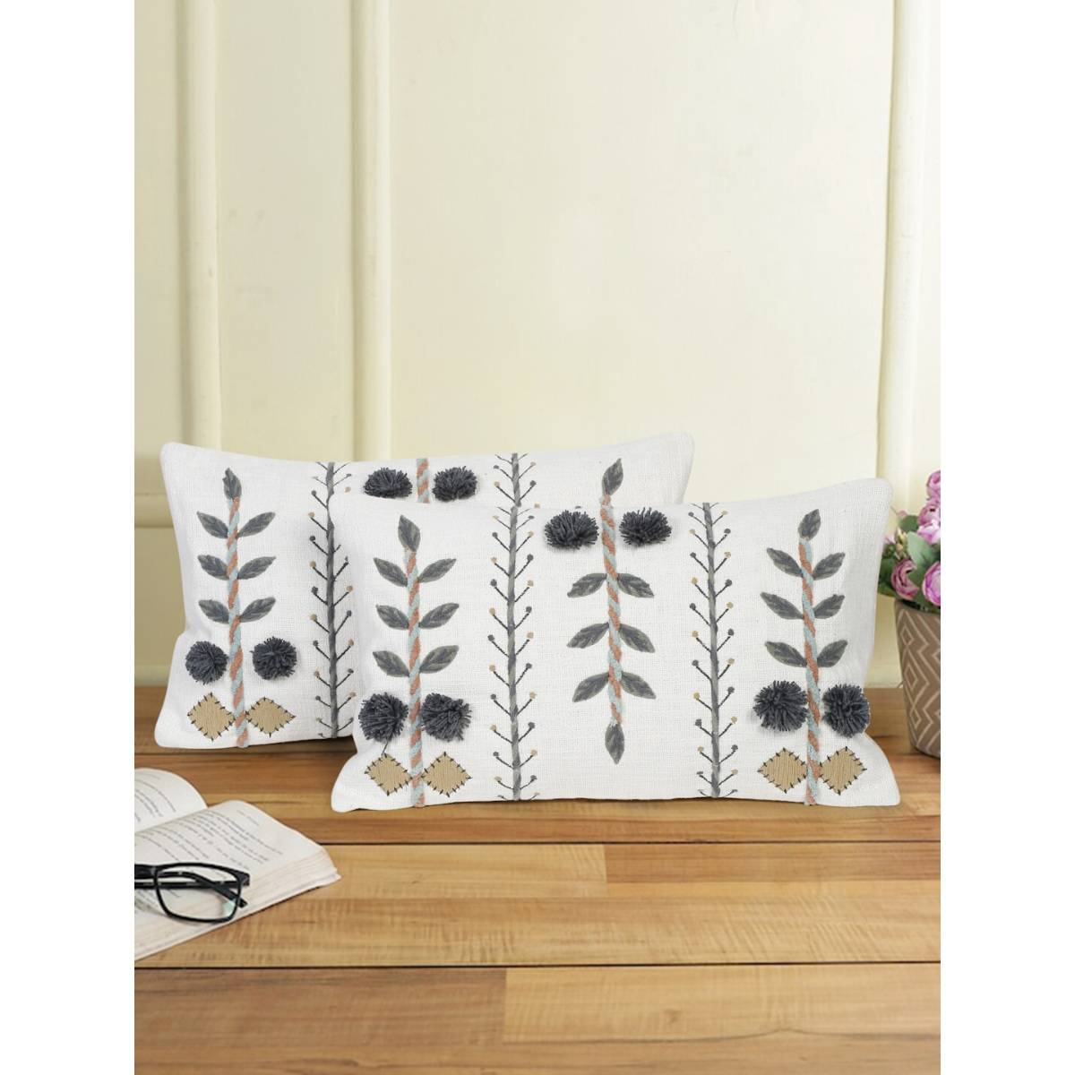Eyda Grey Color Embroidered Cotton Cushion Covers Set of 2-12x20 inch