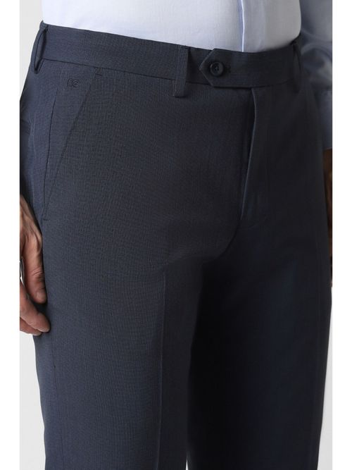 Buy Peter England Men Navy Blue Textured Slim Fit Formal Trousers