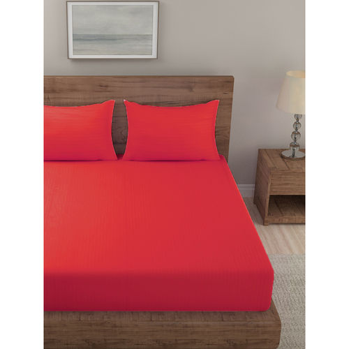 HOSTA HOMES Red Striped 300 TC Cotton Fitted Bedsheet with Pillow Covers  (King)