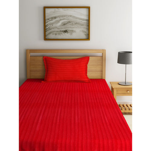 Buy HOSTA HOMES Red Striped 260 TC Cotton Bedsheet with Pillow