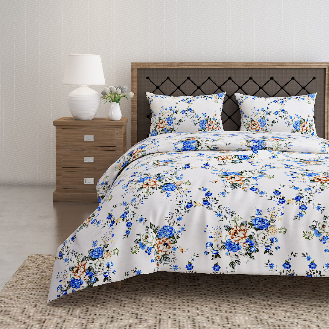 Swayam 144 Tc Pure Cotton White & Blue Floral Printed Bed Sheet 2 Matching Pillow Covers