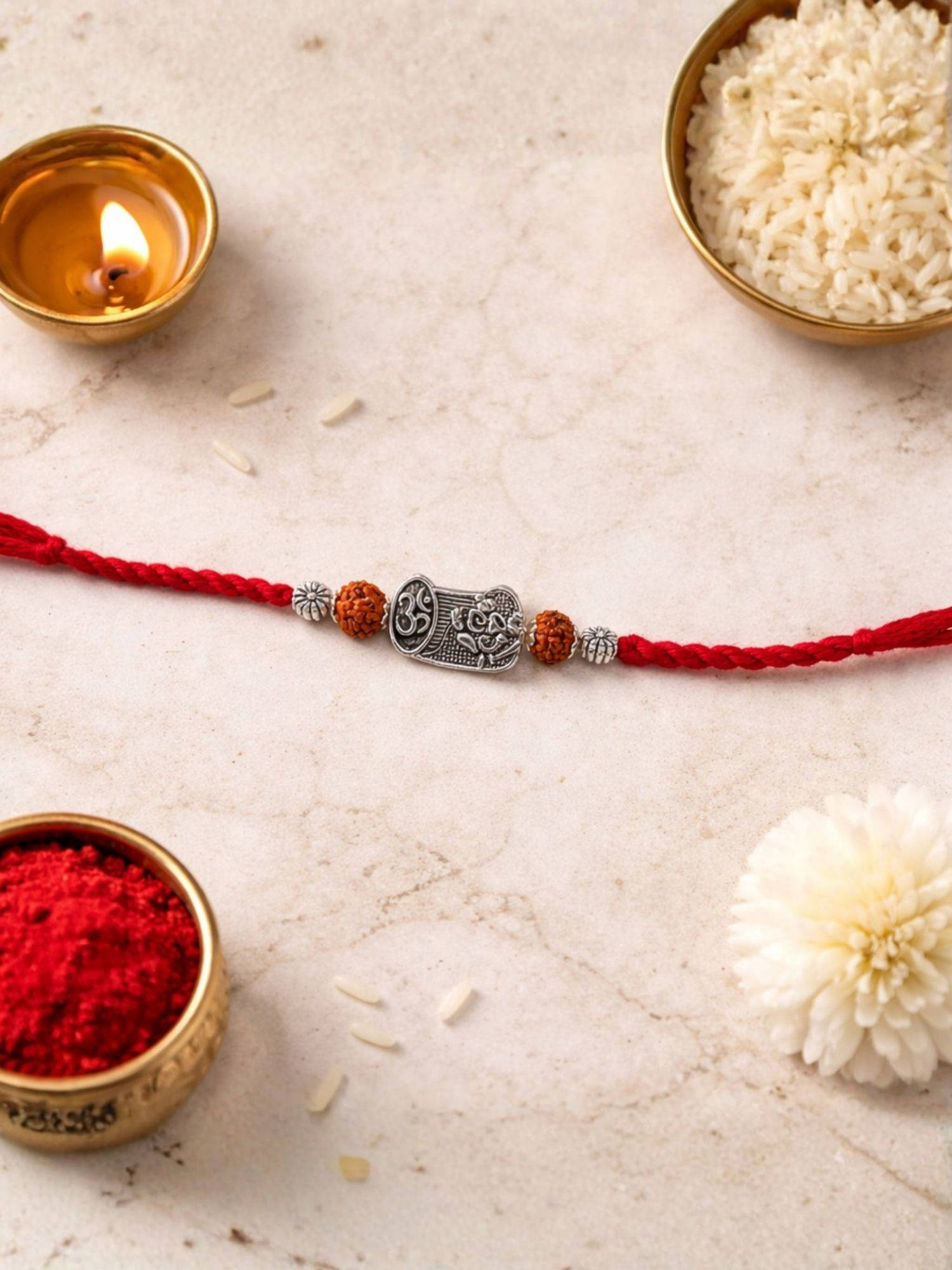 I Jewels Om Rudraksha Silver Tone Rakhi With Roli Chawal Rakshabandhan Card