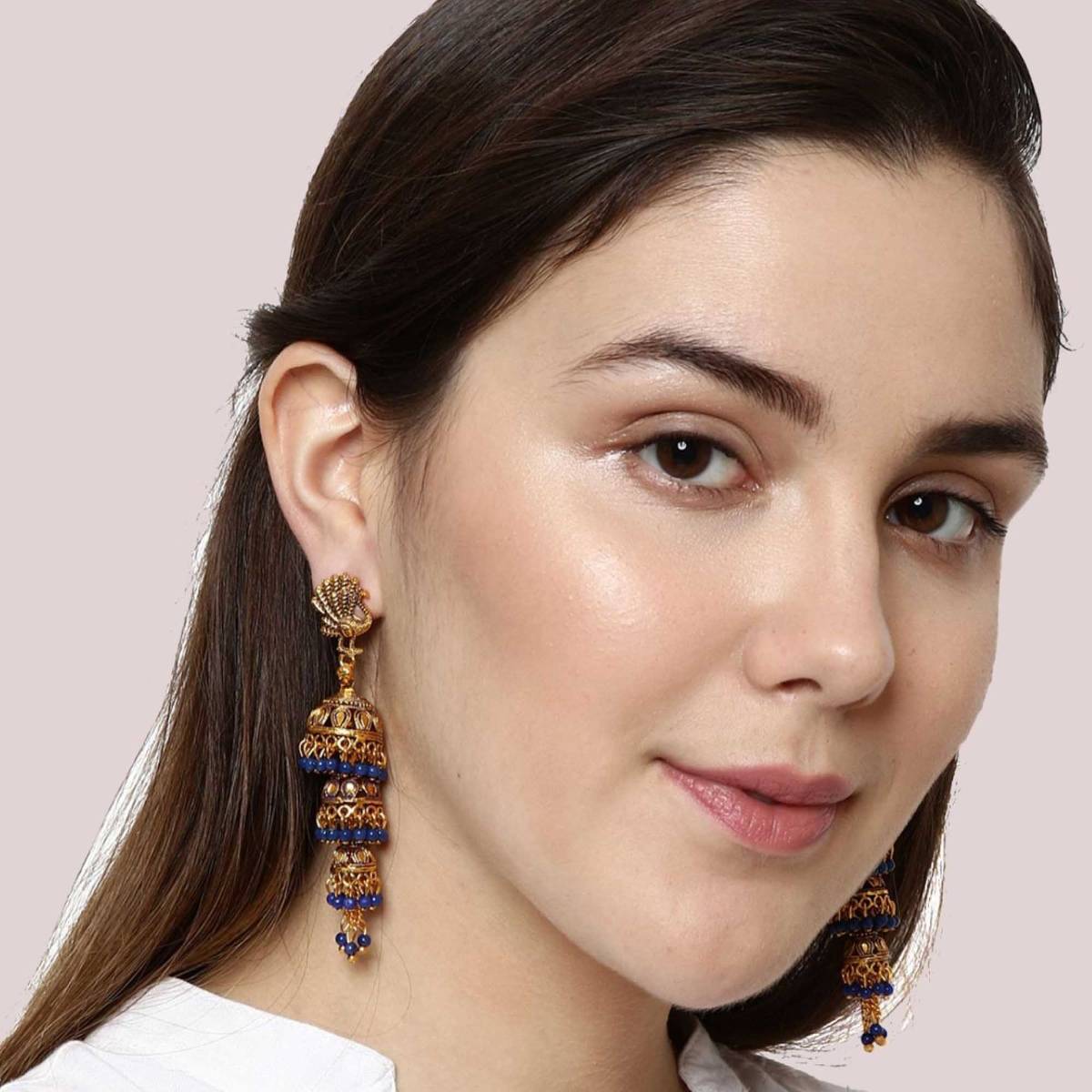 Anika's Creations Gold Plated & Blue Peacock Shaped Enamelled Jhumkas