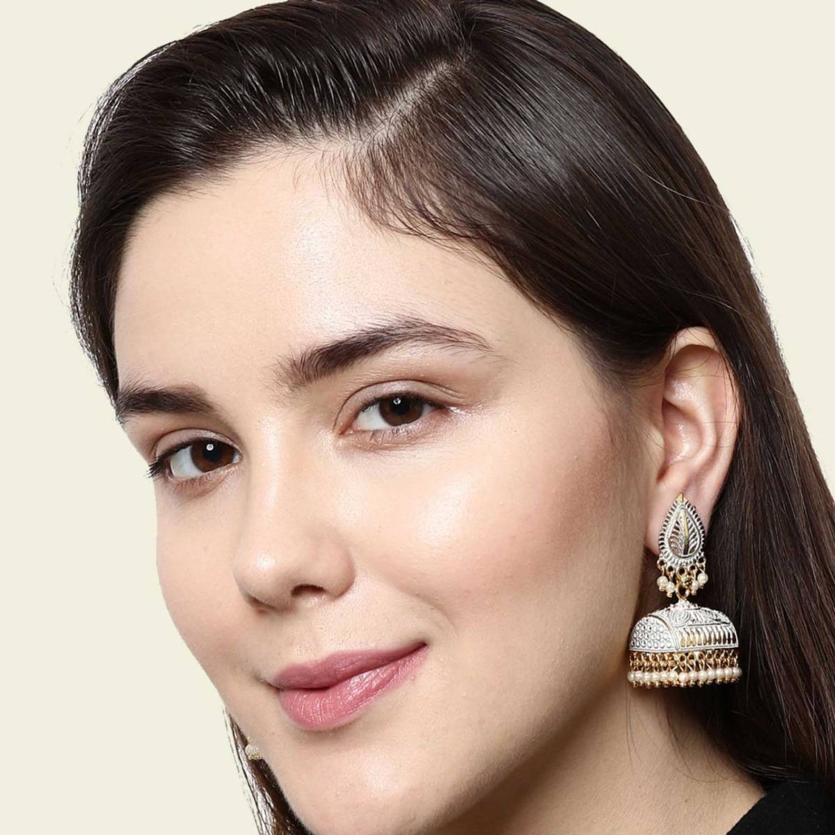Anika's Creations Gold Plated White Leaf Shaped Enamelled Jhumkas