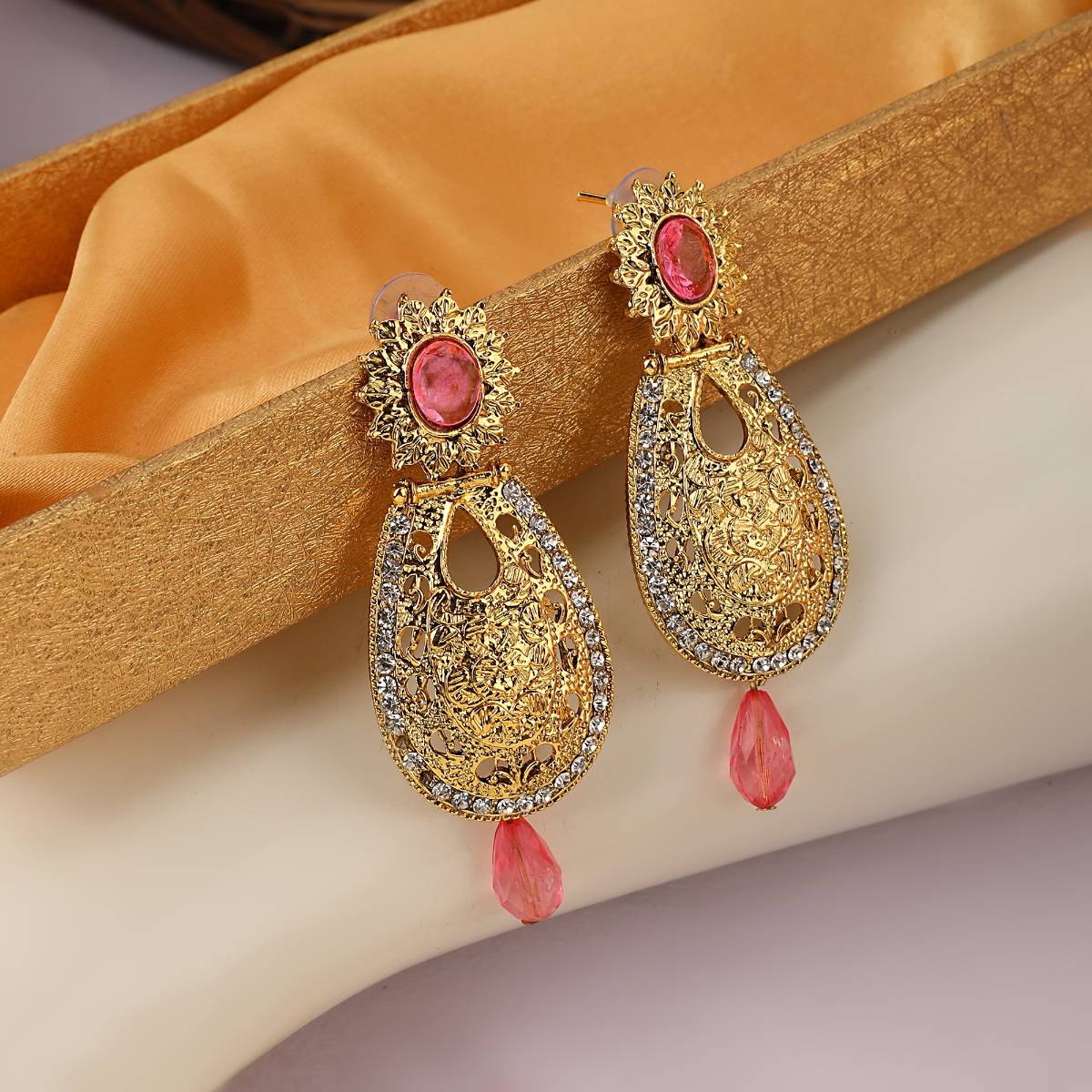 Anika's Creations Exclusive Design Gold Plated Stone Studded Pink Oval Shape Drop Earrings