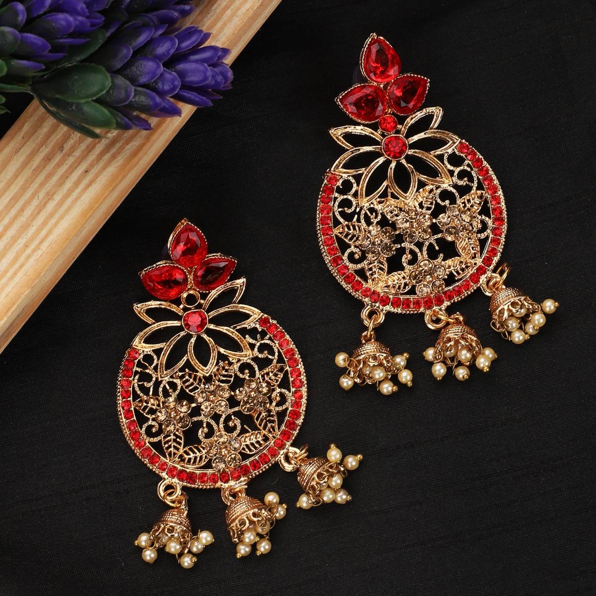 Anika's Creations Stylish 3 Jhumki Gold Plated Maroon Stone Studded Traditional Earrings