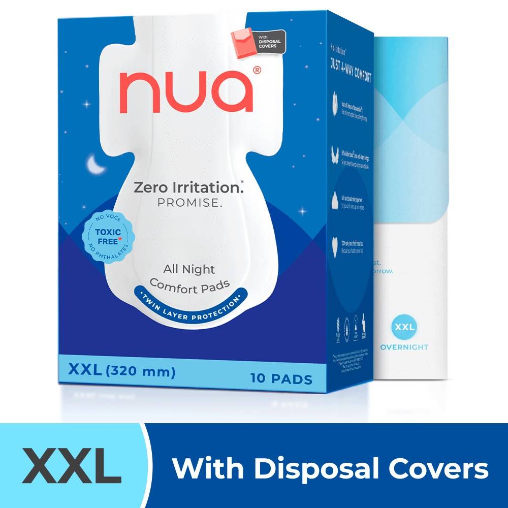 Nua All Night Comfort Sanitary Pads - Pack of 10 (XXL 320mm) with Disposal Cover