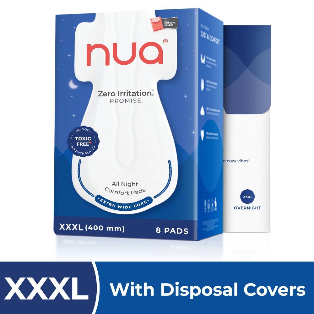 Nua All Night Comfort Sanitary Pads - Pack of 8 (XXXL 400mm) with Disposal Cover