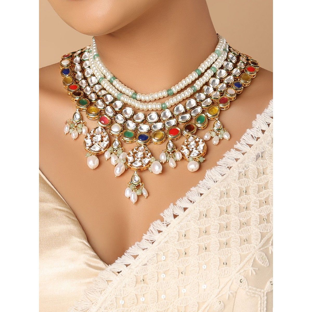 Joules By Radhika Kundan Polki Necklace In White Tone And Navratna