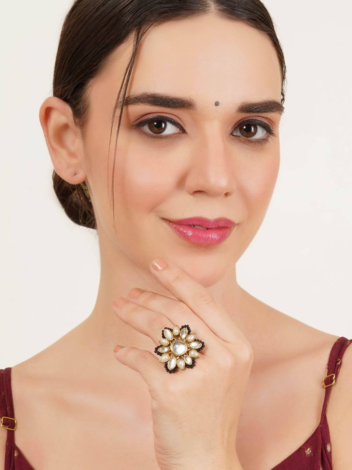 BeAbhika Black Adjustable Kundan Cocktail Ring