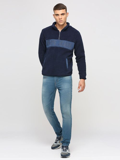 Buy Pepe Jeans Navy Blue Quarter Zip Embroidered Sweatshirt Online - Main Image